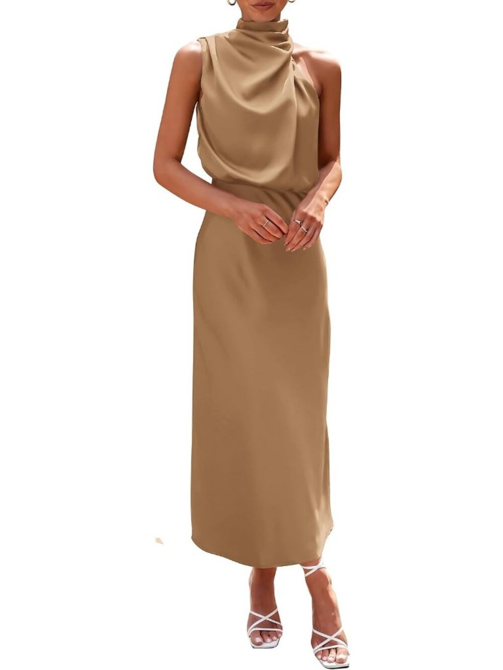 Women's Light Khaki Summer Cocktail Satin Maxi Sleeveless Mock Neck Dresses